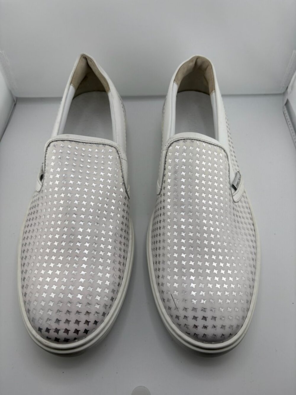 #S142 Jimmy Choo Mean Woven Leather Slip‑On Sneakers White with Silver Stars